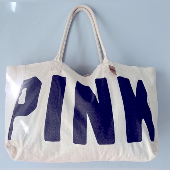 NWT PINK Victoria’s Secret Large Canvas Tote Duffel Bag Cream w/Black print. - Picture 1 of 11